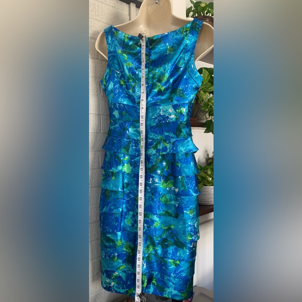 London Times Blue and Green Satin Tiered Sleeveless Cocktail Dress 6 Petite EUC - Picture 8 of 12